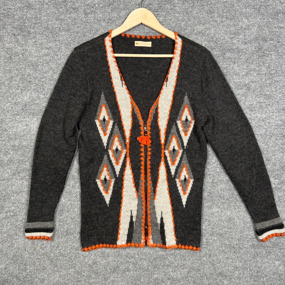 Amano Size Large Sweater‎ Cardigan Gray Alpaca Embroidered Fair Isle Nordic Peru